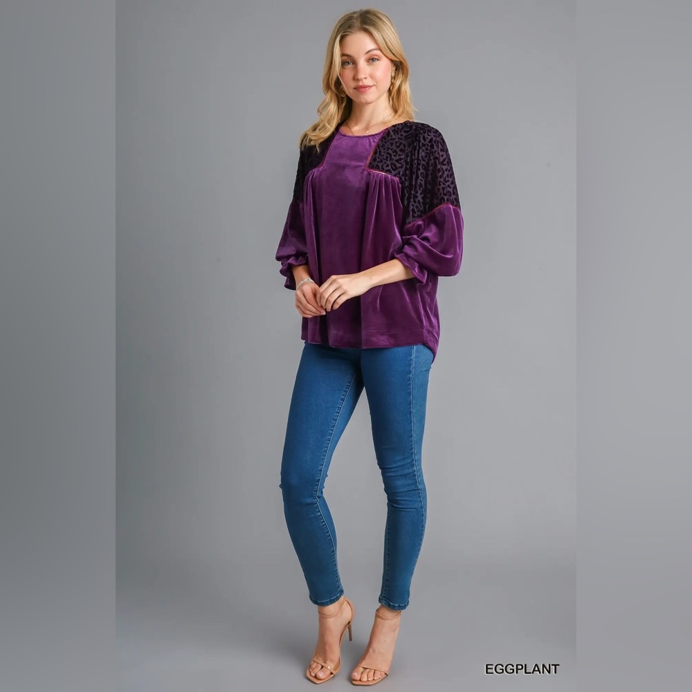 Umgee Purple Velvet Blouse with Animal Print - Picture 3 of 4